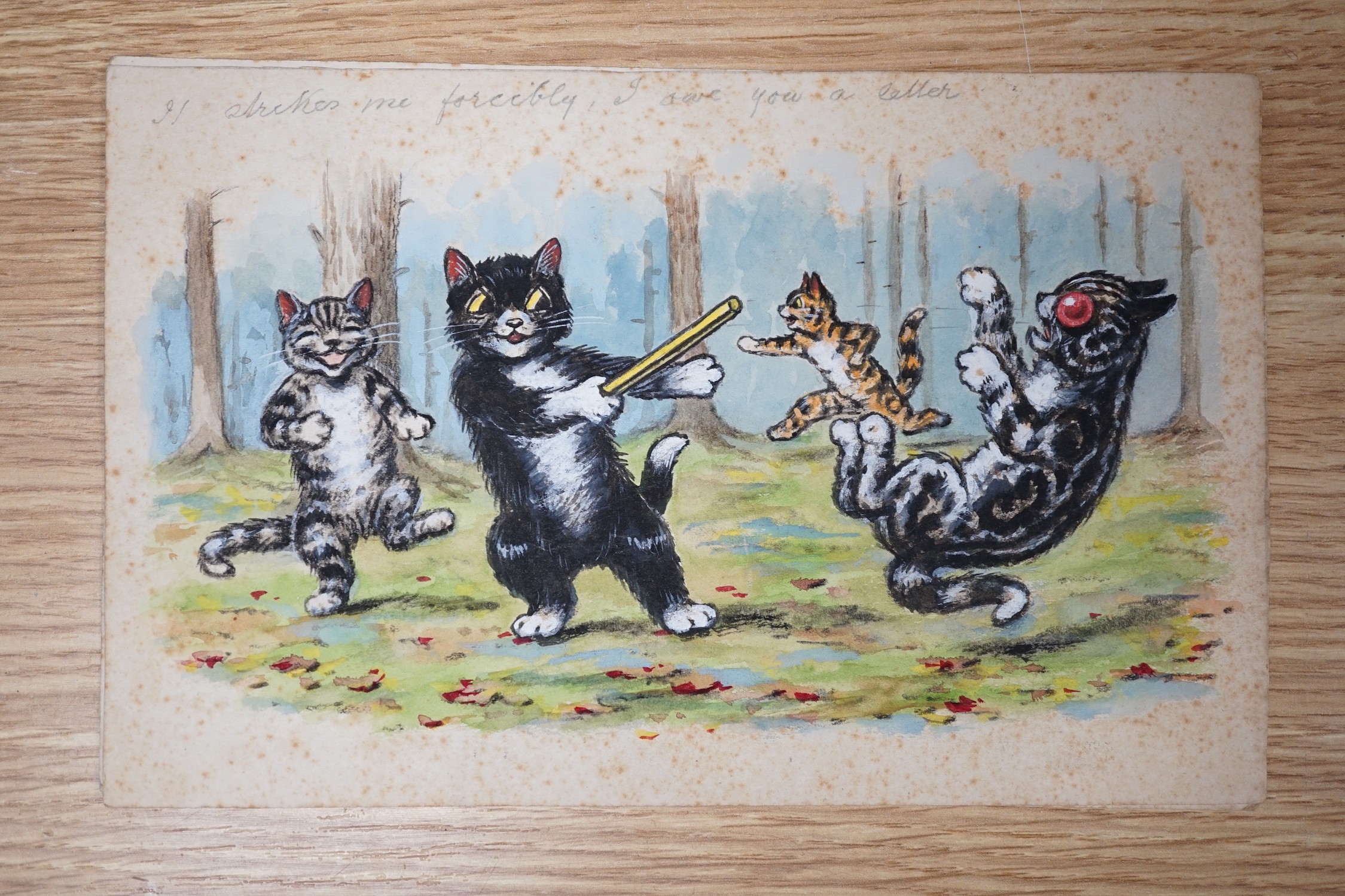 William Henry Ellam, set of six original watercolour artworks for postcards, Humorous sporting cats, 14 x 23cm, unframed